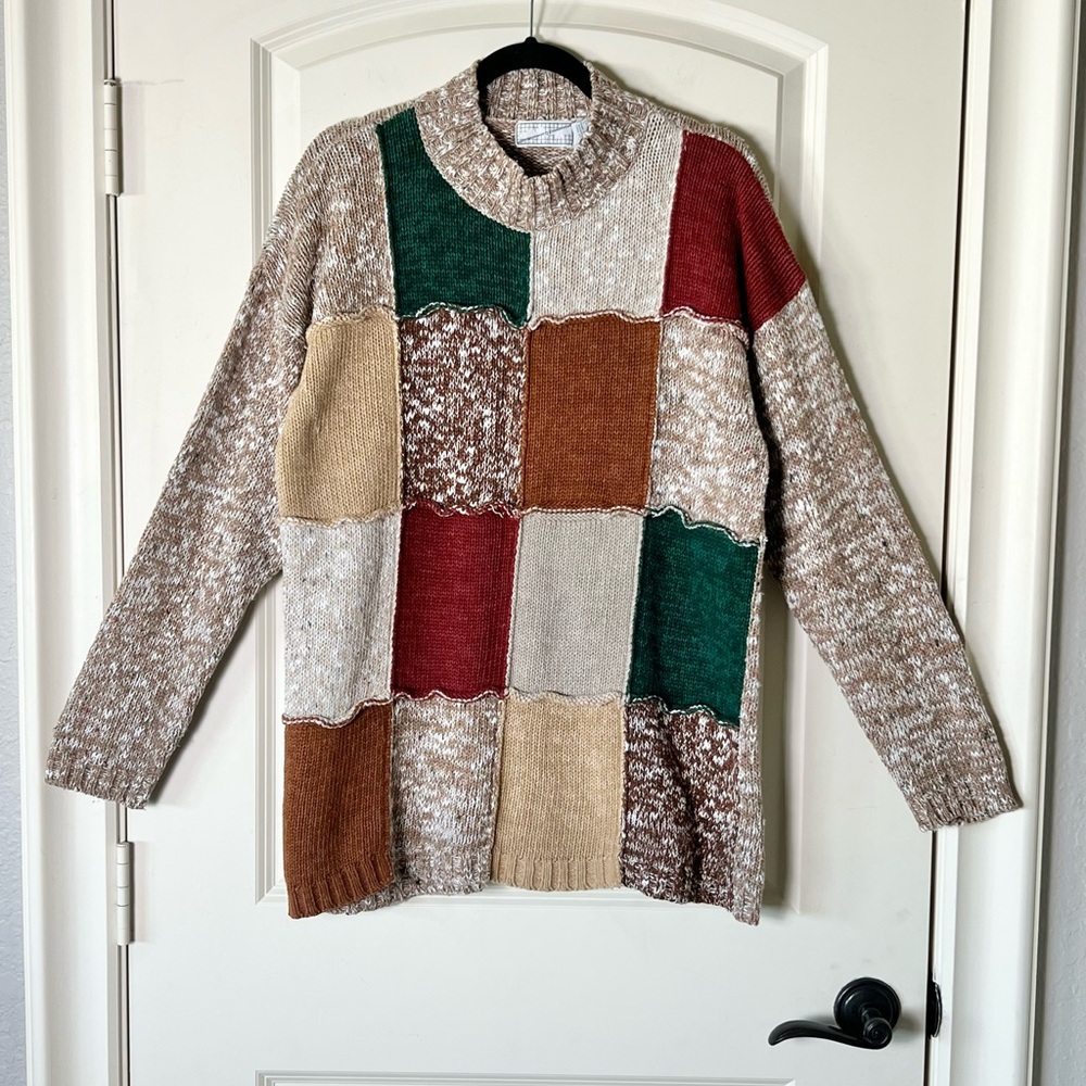 VTG Spice of Life Patchwork Knit Sweater Oversized L Eclectic Grandpa Boho Chic